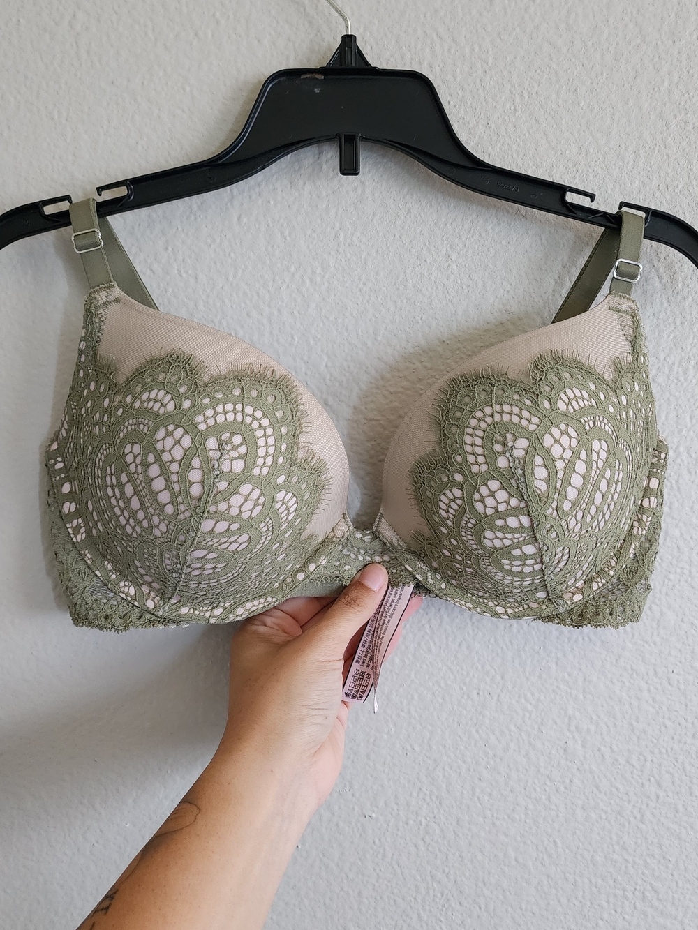 Victoria's Secret Dream Angels Push-Up Bra 34D E75 Olive Green Lace